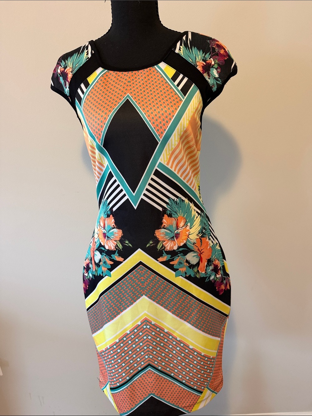 Bisou Bisou Black Multicolor Geometric Floral Midi Dress